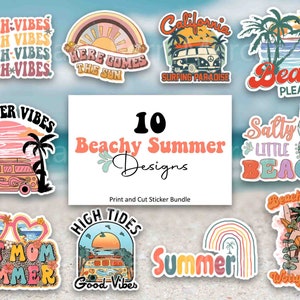 Summer Printable Sticker Bundle, Beach Stickers, Retro Sticker Bundle, Print and Cut Stickers, Summer Clipart, Vacation Stickers, PNG
