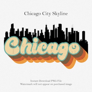 Retro Chicago City Skyline, Sublimation Design, Illinois Clipart, Print en Cut Sticker, Digitale Download, State Decals, Retro Font, PNG