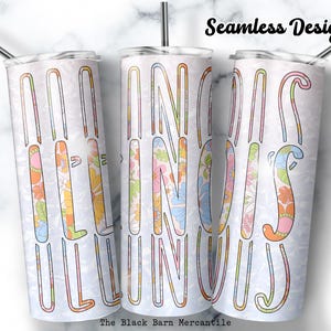 Illinois 20 oz. Skinny Tumbler Wrap, Retro Flowers, State Tumbler Wrap, Seamless Sublimation Design, Digital Download, Digital Template, PNG