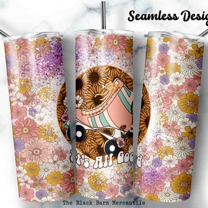 Retro Roller Skate 20 oz. Skinny Tumbler Wrap, Floral Tumbler Wrap, Retro Clipart, Retro Tumbler, Seamless Sublimation, Digital Download