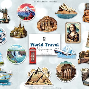 Around the World Travel Printable Sticker Bundle, Scrapbook Stickers, Sticker Bundle, Print and Cut Stickers, Destinations, Journal Stickers