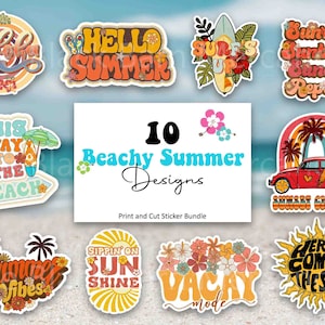 Summer Printable Sticker Bundle, Beach Stickers, Retro Sticker Bundle, Print and Cut Stickers, Summer Clipart, Vacation Stickers, PNG