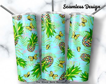 Tropical Pineapples 20 oz. Skinny Tumbler, Summer Tumblers, Background Tumbler Wrap, Summer Clipart, Tropical Tumbler, Seamless, Digital