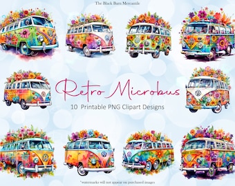 Watercolor Retro Microbus Clipart Bundle, Printable Wall Art, Floral Hippie Van, High Resolution Clipart, Dripping Splatter Watercolor, PNG