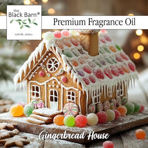 May include: A gingerbread house with white icing, colorful candies, and a chimney. The house is decorated with gumdrops and surrounded by candies. The text "Gingerbread House" is at the bottom of the image.