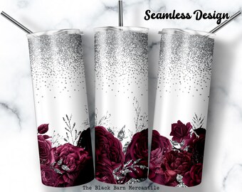 Burgandy Roses & Silver Glitter 20 oz. Skinny Tumbler Wrap, Glitter Tumbler Wrap, Floral Tumbler Wrap, Seamless Sublimation, Digital