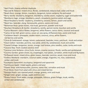 May include: A list of fragrance names and their scent profiles printed in black text on a light beige parchment background. The list includes scents such as April Fresh, Bay Leaf & Tobacco, Beach Bum, Berry Vanilla, and many others.