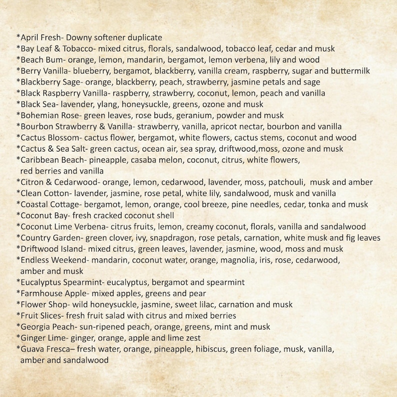 May include: A list of fragrance names and their scent profiles printed in black text on a light beige parchment background. The list includes scents such as April Fresh, Bay Leaf & Tobacco, Beach Bum, Berry Vanilla, and many others.