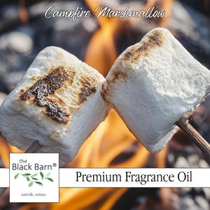 May include: Two toasted marshmallows on sticks, with a campfire in the background. The image includes the text "Campfire Marshmallow" and "Premium Fragrance Oil" with a logo for The Black Barn.