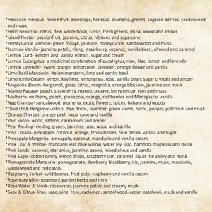 May include: A list of fragrance names and their corresponding scent notes printed in black text on a light beige parchment-style background. The list includes options such as Hawaiian Hibiscus, Hello Beautiful, Island Nectar, and many others.