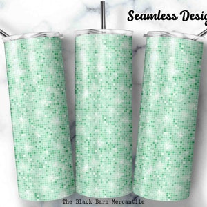 May include: Three stainless steel tumblers with a mint green mosaic tile pattern and the text "Seamless Design". Each tumbler has a silver straw and a clear lid. The Black Barn Mercantile is printed at the bottom.