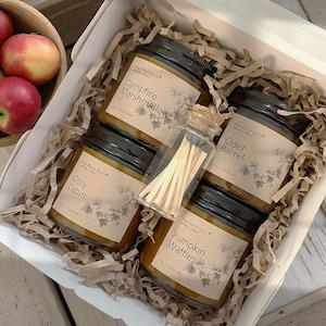 Fall Soy Candle Sampler Box: 4 Autumn Scented Candles with Matches
