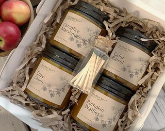 Fall Soy Candle Sampler Box: 4 Autumn Scented Candles with Matches