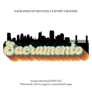 Skyline retrô da cidade de Sacramento, design de sublimação, clipart da Califórnia, adesivo para impressão e corte, download digital, decalques estaduais, fonte retrô