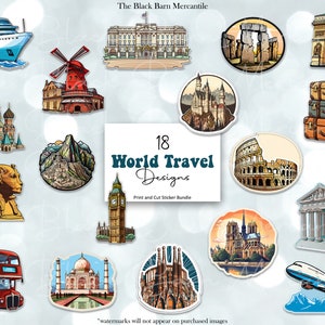 Around the World Travel Printable Sticker Bundle, Scrapbook Stickers, Sticker Bundle, Print and Cut Stickers, Destinations, Journal Stickers