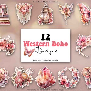 Western Boho Printable Sticker Bundle, Boho Stickers, Sticker Bundle, Print and Cut Stickers, Boho Clipart, Western Designs, White Outline