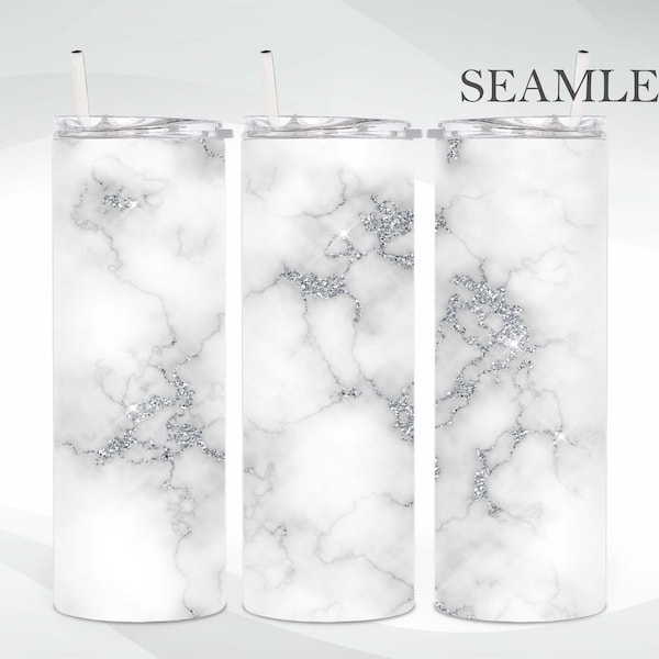 White Marble 20 oz. Skinny Tumbler Wrap, Silver Glitter, Seamless Sublimation Design, Instant Digital Download, Digital Template, PNG