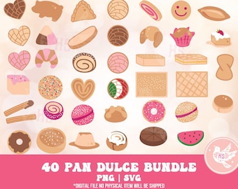 May include: A set of 40 digital illustrations of various Mexican sweet breads, known as pan dulce, in a variety of shapes and colors. The illustrations are perfect for crafting projects, scrapbooking, and digital design.