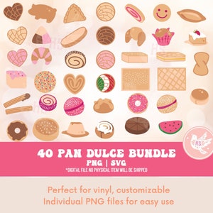 May include: A set of 40 digital illustrations of various Mexican sweet breads, known as pan dulce, in a variety of shapes and colors. The illustrations are perfect for crafting projects, scrapbooking, and digital design.