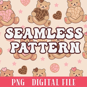 May include: A seamless pattern featuring brown teddy bears holding heart-shaped pastries. The bears have pink noses and pink hearts on their heads. The background is a light peach colour with white stars and pink hearts.