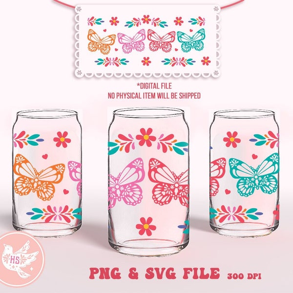 Butterfly Mariposa Papel Picado PNG | SVG 16 oz Glass Can Design, Libbey Can, Mexican png file, Digital Download