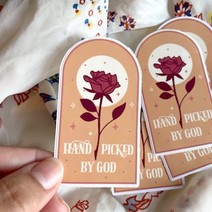 Pu&ograve; includere: Un set di quattro adesivi con uno sfondo color pesca e una rosa stilizzata con una luna bianca dietro. Il testo sugli adesivi recita "Hand Picked By God".