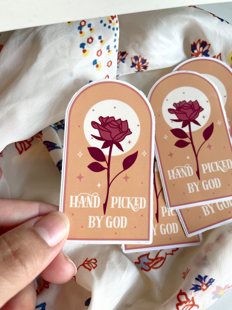 Pu&ograve; includere: Un set di quattro adesivi con uno sfondo color pesca e una rosa stilizzata con una luna bianca dietro. Il testo sugli adesivi recita "Hand Picked By God".