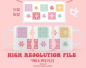 Può includere: Due tazze bianche con un design di carta tagliata messicana colorata. Le tazze sono disponibili in dimensioni da 11 oz e 15 oz. Il design presenta colori rosa, giallo, verde e rosso. Il testo "HIGH RESOLUTION FILE" è visualizzato sotto le tazze. Il testo "*PNG & JPEG FILES" è visualizzato sotto il testo "HIGH RESOLUTION FILE". Il testo "*DIGITAL FILE" è visualizzato sotto il testo "*PNG & JPEG FILES". Il testo "NO PHYSICAL ITEM WILL BE SHIPPED" è visualizzato sotto il testo "*DIGITAL FILE".