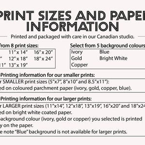 Puede incluir: Un gr&aacute;fico que muestra 8 tama&ntilde;os de impresi&oacute;n diferentes para impresiones de arte, que van desde 5 pulgadas por 7 pulgadas hasta 18 pulgadas por 24 pulgadas. El gr&aacute;fico tambi&eacute;n enumera 5 opciones de color de fondo: marfil, oro, cobre, azul y blanco brillante. El texto indica que las impresiones m&aacute;s peque&ntilde;as se imprimen en papel pergamino de color y las impresiones m&aacute;s grandes se imprimen en papel blanco brillante.