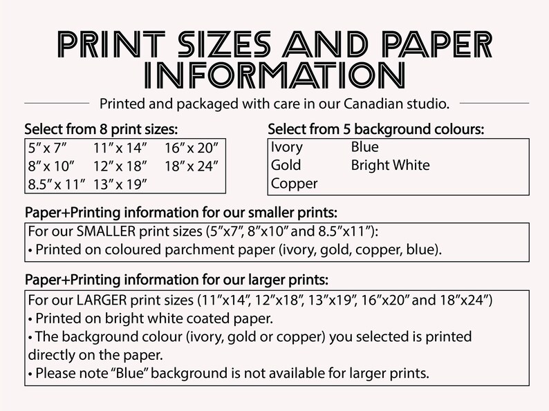 Puede incluir: Un gr&aacute;fico que muestra 8 tama&ntilde;os de impresi&oacute;n diferentes para impresiones de arte, que van desde 5 pulgadas por 7 pulgadas hasta 18 pulgadas por 24 pulgadas. El gr&aacute;fico tambi&eacute;n enumera 5 opciones de color de fondo: marfil, oro, cobre, azul y blanco brillante. El texto indica que las impresiones m&aacute;s peque&ntilde;as se imprimen en papel pergamino de color y las impresiones m&aacute;s grandes se imprimen en papel blanco brillante.