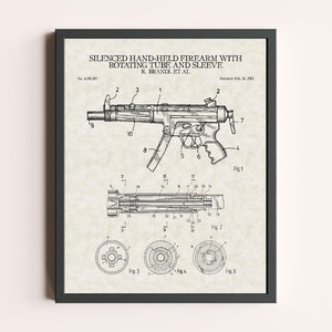 May include: Black and white line drawing of a patent for a silenced hand-held firearm with rotating tube and sleeve. The patent number is 4,581,209 and the patent date is December 26, 1985. The drawing shows a side view of the firearm and a close-up of the rotating tube and sleeve.