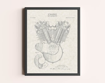Impression de brevet de moteur de moto Harley-Davidson | Art mural vintage | Art du brevet | Décoration d'intérieur | Décoration murale | Impression automobile