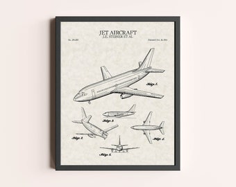 Op de afbeelding: Een vintage patenttekening van een straalvliegtuig, met de titel "JET AIRCRAFT" en het patentnummer "No. 305,687". De tekening toont een zijaanzicht van het vliegtuig, met de vleugels en staart uitgeschoven. De tekening bevat ook verschillende kleinere tekeningen van verschillende delen van het vliegtuig.