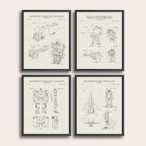 May include: Set of four black framed prints featuring vintage patent drawings of transforming toys. Each print shows different configurations of the toy, including a truck, a gun, a cassette, and a plane.