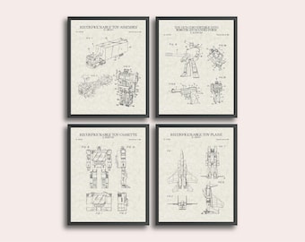 Transformers Set of 4 Patent Print | Vintage Wall Art | Autobots Decepticons Patent Art Print | Toy Wall Decor | TV Wall Art | Man Cave Art