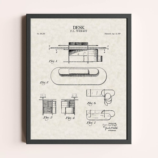 Frank Lloyd Wright Desk Architecture Patent Print | Architecture Print | Vintage Wall Art | Patent Art | Office Decor | Wall Decor