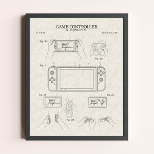 May include: A black and white line drawing of a patent for a game controller. The patent is titled "Game Controller" and is for K. Fujita et al. The patent was filed on August 8, 2007. The drawing shows different views of the game controller, including a handheld mode and a tabletop mode.