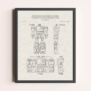 May include: A black and white line drawing of a patent for a reconfigurable radio cassette recorder toy. The patent is titled "Reconfigurable Radio Cassette Recorder Toy" and is by H. Obara. The patent shows the toy in different configurations, including a robot and a boombox.