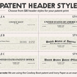 Puede incluir: Se muestran seis estilos diferentes de encabezado de patente, con el texto "Cowboy Boot" y "H. Vise" como ejemplo. Los estilos incluyen variaciones de la Oficina de Patentes y Marcas de los Estados Unidos, la Oficina de Patentes de los Estados Unidos y los Estados Unidos de Am&eacute;rica.