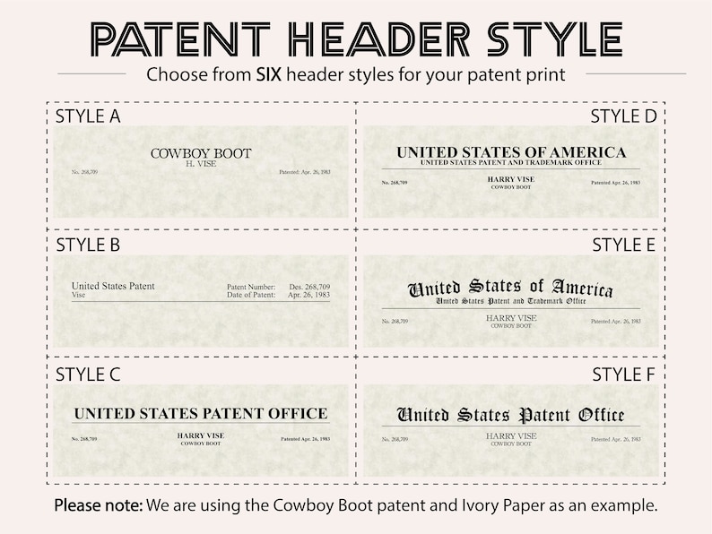 Puede incluir: Se muestran seis estilos diferentes de encabezado de patente, con el texto "Cowboy Boot" y "H. Vise" como ejemplo. Los estilos incluyen variaciones de la Oficina de Patentes y Marcas de los Estados Unidos, la Oficina de Patentes de los Estados Unidos y los Estados Unidos de Am&eacute;rica.