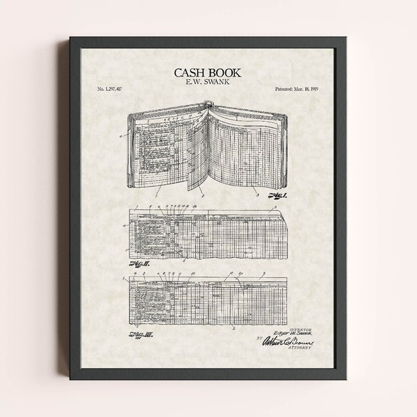 Accountant Cash Book Ledger Patent Print | Accountant Print | Banker Print | Vintage Wall Art | Patent Art | Home Decor | Wall Decor