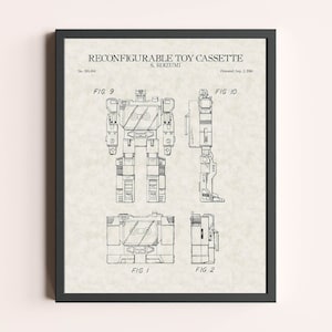 Può includere: Disegno a linea in bianco e nero di un brevetto per una cassetta di giocattolo riconfigurabile. Il brevetto è intitolato "Reconfigurable Toy Cassette" e risale al 2 settembre 1985. Il brevetto mostra diverse configurazioni del giocattolo, tra cui un robot e una cassetta.