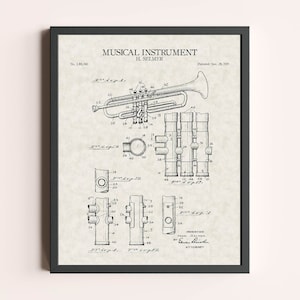 Trumpet Patent Print | Vintage Wall Art | Patent Art | Home Decor | Wall Decor | Musical Wall Art