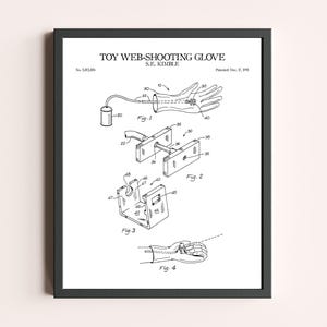 Peut inclure: Impression en noir et blanc d'un brevet de "TOY WEB-SHOOTING GLOVE" avec des sch&eacute;mas d&eacute;taill&eacute;s. L'impression comprend les figures 1 &agrave; 4, illustrant la conception du gant. Le texte "S.E. KIMBLE" et les informations sur le brevet sont &eacute;galement visibles.