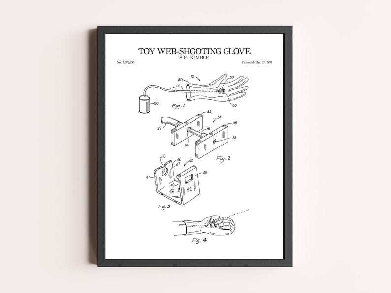 Peut inclure: Impression en noir et blanc d'un brevet de "TOY WEB-SHOOTING GLOVE" avec des sch&eacute;mas d&eacute;taill&eacute;s. L'impression comprend les figures 1 &agrave; 4, illustrant la conception du gant. Le texte "S.E. KIMBLE" et les informations sur le brevet sont &eacute;galement visibles.