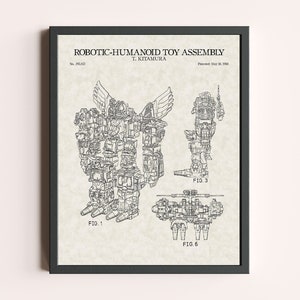 Op de afbeelding: Een zwart-witte lijntekening van een patent voor een robot-humanoïde speelgoedassemblage. Het patent is getiteld "ROBOTIC-HUMANOID TOY ASSEMBLY" en is toegeschreven aan T. KITAMURA. Het patent is ingediend op 30 mei 1985. De tekening toont drie verschillende aanzichten van het speelgoed, dat een robot is die op verschillende manieren kan worden geassembleerd.