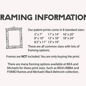 Puede incluir: Ilustraci&oacute;n en blanco y negro de un marco de imagen simple. El texto dice: "Informaci&oacute;n de enmarcado" Nuestras impresiones patentadas vienen en 8 tama&ntilde;os est&aacute;ndar: 5" x 7", 8" x 10", 8.5" x 11", 11" x 14", 12" x 18", 13" x 19", 16" x 20", 18" x 24". El texto contin&uacute;a: "Estos son todos tama&ntilde;os comunes con muchas opciones de enmarcado. Los marcos NO est&aacute;n incluidos. Solo est&aacute;s comprando la impresi&oacute;n. Hay muchas opciones de enmarcado disponibles en IKEA y Michaels para estos tama&ntilde;os de impresi&oacute;n. Como los marcos RIBBA y FISKBO de IKEA y la colecci&oacute;n Black Belmont de Michaels."