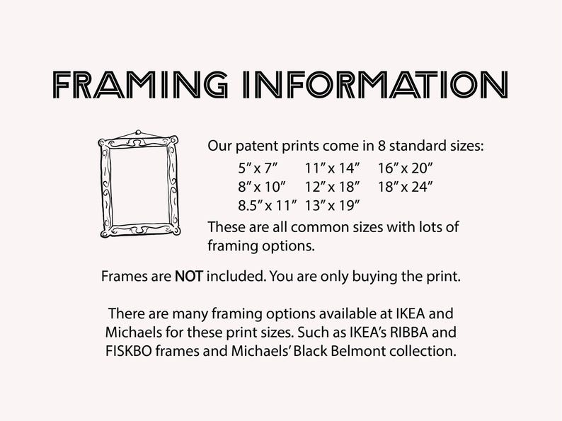 Puede incluir: Ilustraci&oacute;n en blanco y negro de un marco de imagen simple. El texto dice: "Informaci&oacute;n de enmarcado" Nuestras impresiones patentadas vienen en 8 tama&ntilde;os est&aacute;ndar: 5" x 7", 8" x 10", 8.5" x 11", 11" x 14", 12" x 18", 13" x 19", 16" x 20", 18" x 24". El texto contin&uacute;a: "Estos son todos tama&ntilde;os comunes con muchas opciones de enmarcado. Los marcos NO est&aacute;n incluidos. Solo est&aacute;s comprando la impresi&oacute;n. Hay muchas opciones de enmarcado disponibles en IKEA y Michaels para estos tama&ntilde;os de impresi&oacute;n. Como los marcos RIBBA y FISKBO de IKEA y la colecci&oacute;n Black Belmont de Michaels."