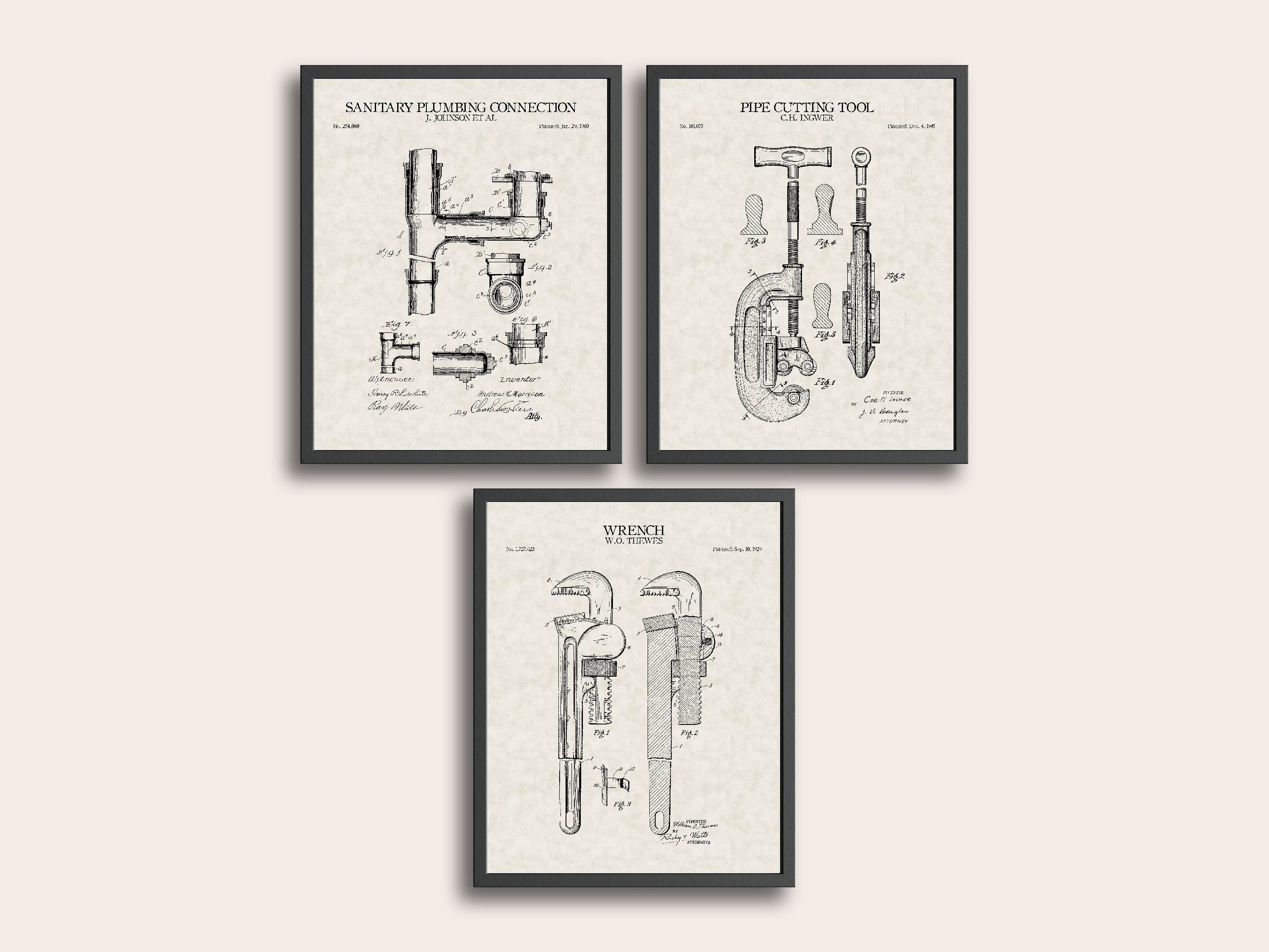 Plumbing Set of 3 Patent Print | Plumber Patent Print | Plumbing Patent Art | Handyman Art | Home Decor | Wall Decor