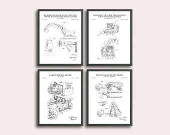 Set di 4 stampe di brevetti di veicoli da costruzione pesanti / Arte vintage di brevetti edili / Decorazione murale / Regalo artistico per operai edili